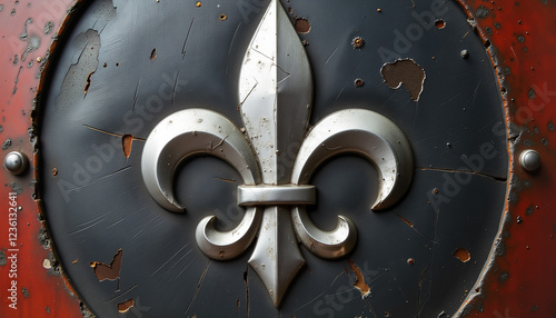 Battle-worn Silver Fleur-de-Lis emblem on knight's shield, historical significance photo