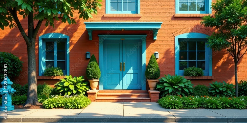 A charming residence with a vibrant teal front door, accented by lush landscaping and a fire hydrant. A charming residence with a vibrant teal front door, accented by lush landscaping and a fire hydrant.