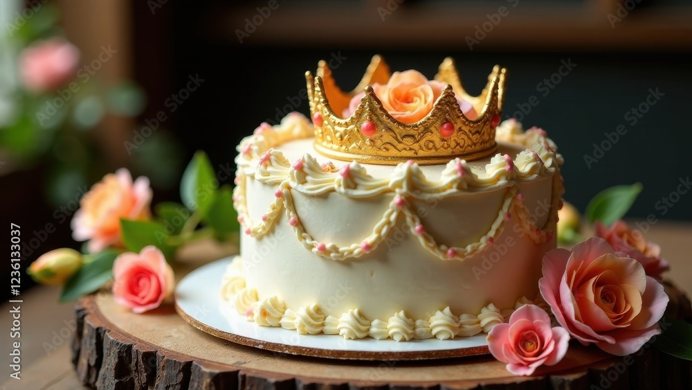 Fototapeta premium A delectable vanilla cake, adorned with delicate pink frosting and a golden crown, rests on a rustic wooden pedestal, surrounded by soft pink roses.