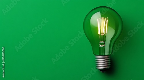 Green Lightbulb on Green Background:  A single, green glass lightbulb with a glowing filament stands out against a vibrant green backdrop, radiating a sense of fresh ideas and innovative thinking.