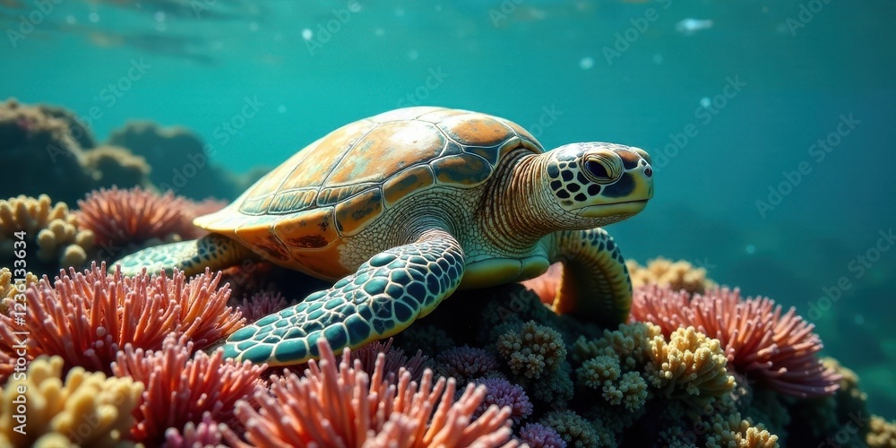 Obraz premium A sea turtle gracefully rests on vibrant coral, sunlight filtering through the crystal-clear ocean water, creating a breathtaking underwater scene of marine life