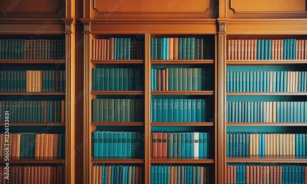 Fototapeta premium Vintage library bookshelves filled with colorful antique books in warm lighting