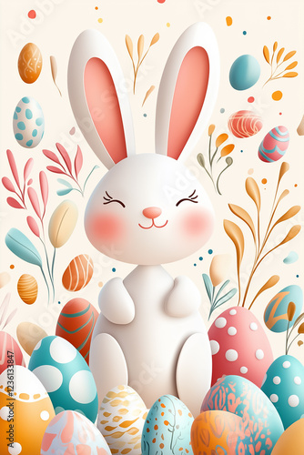 A cheerful bunny is surrounded by a vibrant assortment of Easter eggs in various shapes and patterns against a light backdrop, creating a festive atmosphere perfect for spring celebrations