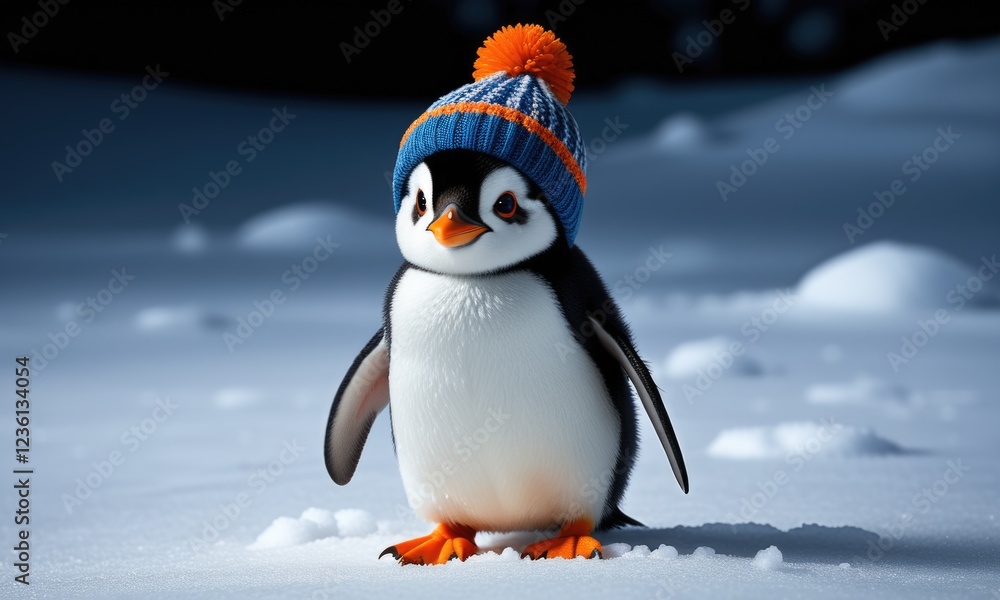 Obraz premium Adorable winter penguin wearing knitted hat in snowy landscape