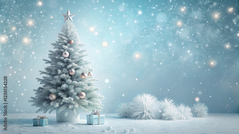 A frosted Christmas tree with twinkling lights and ornaments, set against a serene snowy backdrop, adorned with gifts and glowing with festive cheer. A frosted Christmas tree with twinkling lights and ornaments, set against a serene snowy backdrop, adorned with gifts and glowing with festive cheer.