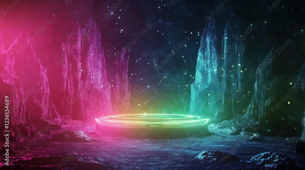 Obraz premium Vibrant Neon Portal Surrounded by Mystical Landscape
