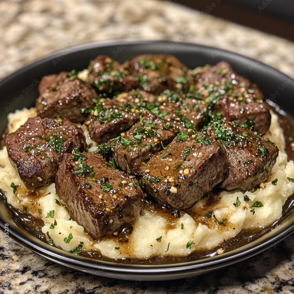 Juicy pieces of beef are arranged over smooth whipped potatoes, garnished with fresh herbs and a savory sauce, ready to be enjoyed at home Juicy pieces of beef are arranged over smooth whipped potatoes, garnished with fresh herbs and a savory sauce, ready to be enjoyed at home
