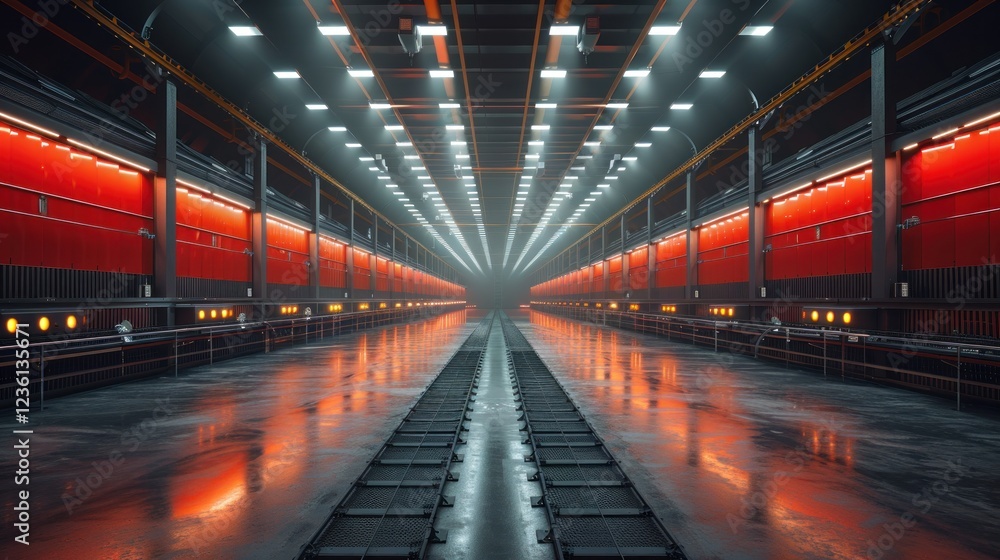 Obraz premium Panoramic View of a Large Poultry Farm with Rows of Domestic Chickens