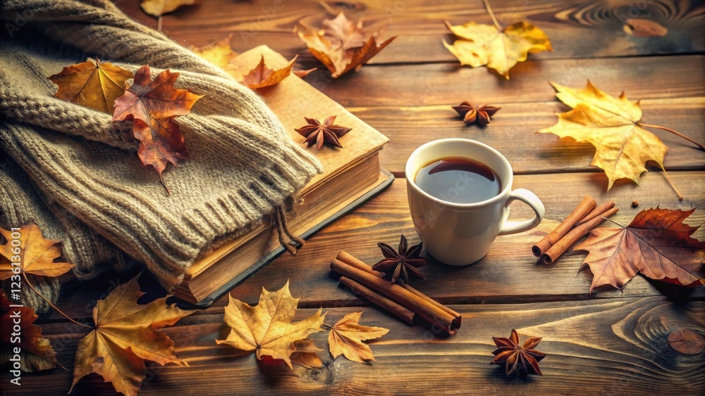Warm Autumnal Comfort A Cup of Coffee, a Book, and a Cozy Knit Sweater Surrounded by Falling Leaves and Aromatic Spices Warm Autumnal Comfort A Cup of Coffee, a Book, and a Cozy Knit Sweater Surrounded by Falling Leaves and Aromatic Spices