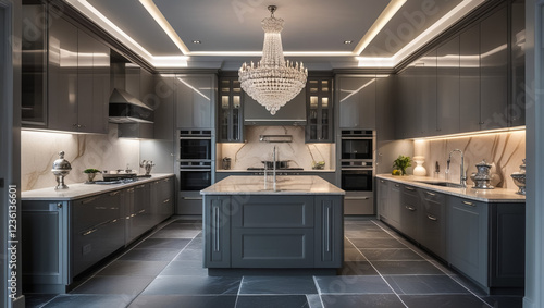 beautiful kitchen in luxury home with island, pendant lights, cabinets, and self-leveling floors. marble backsplash, elegant features. 3d rendering photo