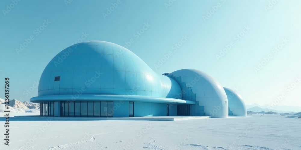 Futuristic Dome Structure in a Snowy Landscape Architectural Design of a Modern Building with a Smooth, Light Blue Exterior and Expansive Windows, Set Against a Clear Sky and Distant Mountains Futuristic Dome Structure in a Snowy Landscape Architectural Design of a Modern Building with a Smooth, Light Blue Exterior and Expansive Windows, Set Against a Clear Sky and Distant Mountains