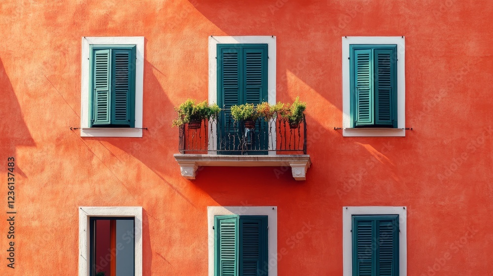 Vibrant orange wall with green shutters and balcony adorned with plants in a sunny urban setting Vibrant orange wall with green shutters and balcony adorned with plants in a sunny urban setting