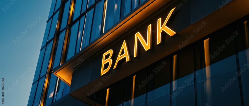 Obraz premium Bank building exterior featuring illuminated signage, modern architecture and urban landscape highlighting financial services and corporate identity in city setting.