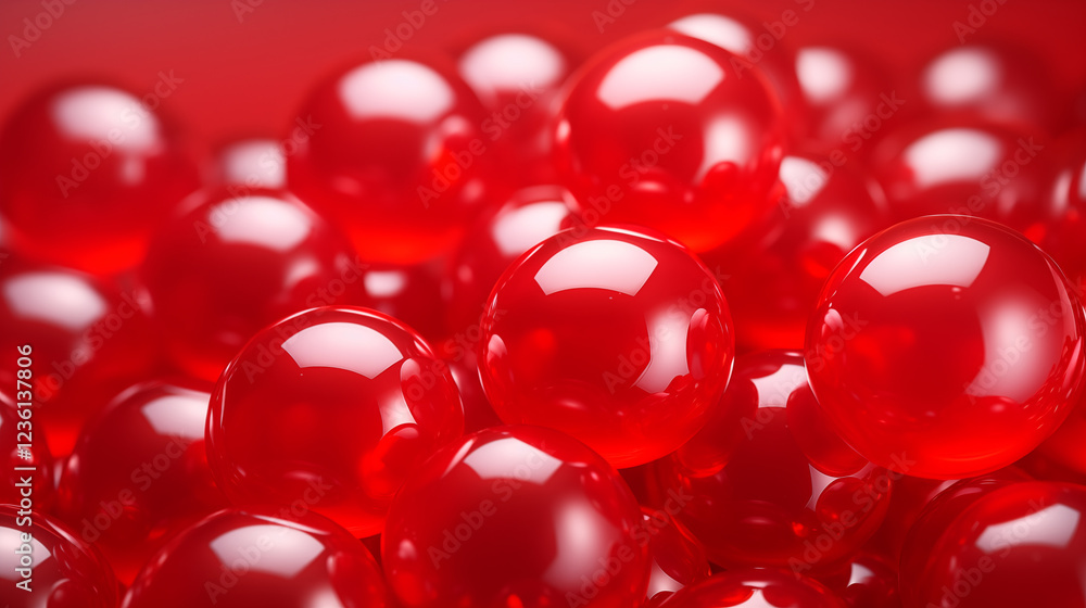 Red abstract background with spheres or balls composition plastic bright bubbles. Glossy rounded objects, modern trendy banner Red abstract background with spheres or balls composition plastic bright bubbles. Glossy rounded objects, modern trendy banner