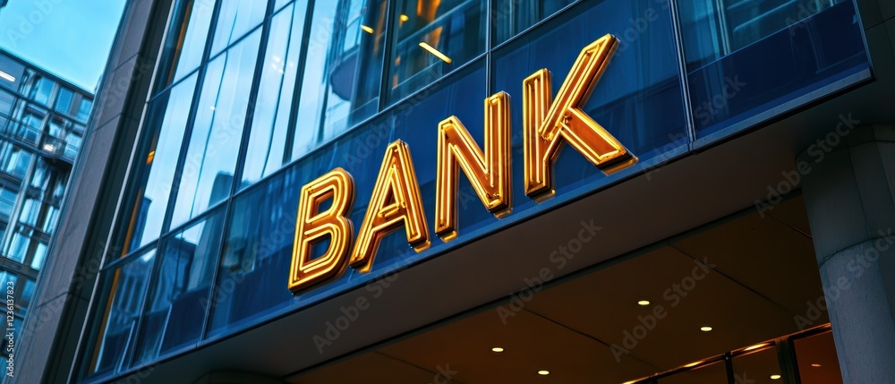 Fototapeta premium Bank facade with illuminated signage in urban setting highlighting financial services, investment opportunities, and modern architecture for banking sector imagery.