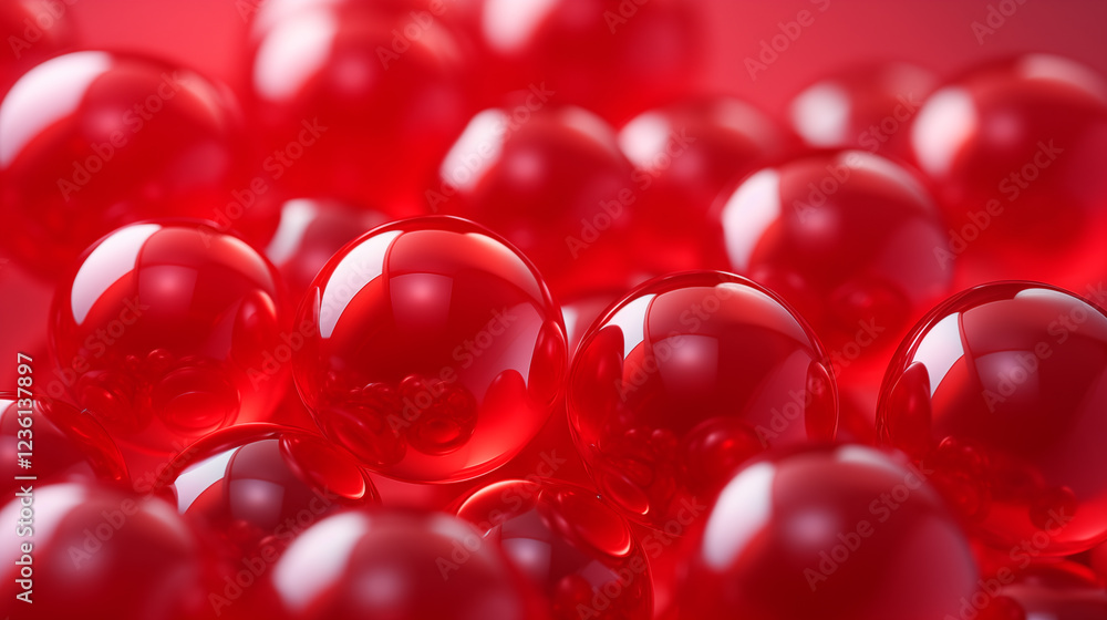 Red abstract background with spheres or balls composition plastic bright bubbles. Glossy rounded objects, modern trendy banner Red abstract background with spheres or balls composition plastic bright bubbles. Glossy rounded objects, modern trendy banner