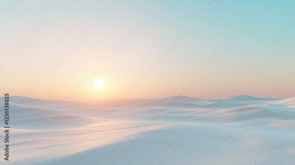 Fototapeta premium Serene Scene of an Empty Desert with a Glowing Sun Setting on the Horizon and Smooth Sand Dunes in the Distance