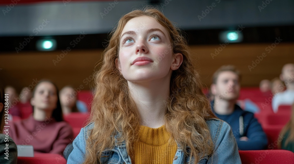 Fototapeta premium Young woman attentively watching lecture in auditorium