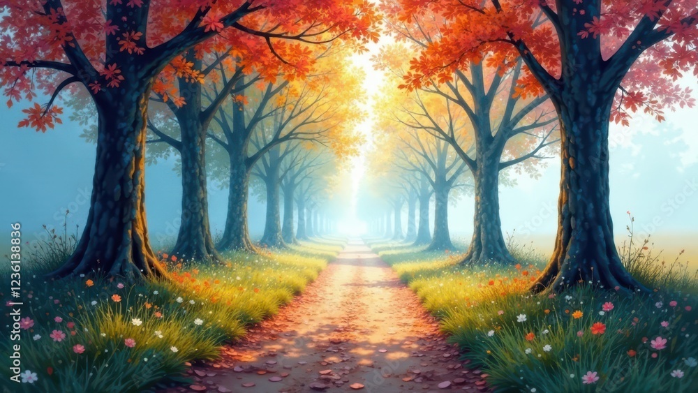 Autumnal Pathway A Serene Landscape of Colorful Trees and a Sunlit Path Autumnal Pathway A Serene Landscape of Colorful Trees and a Sunlit Path
