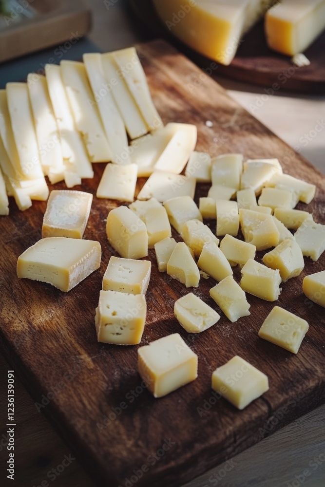Fototapeta premium Wooden cutting board with assorted slices of cheese ready for consumption or preparation.