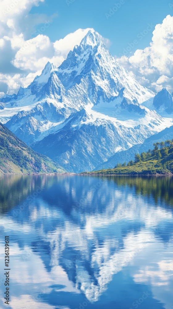 Majestic mountain reflected in tranquil lake under blue sky Majestic mountain reflected in tranquil lake under blue sky