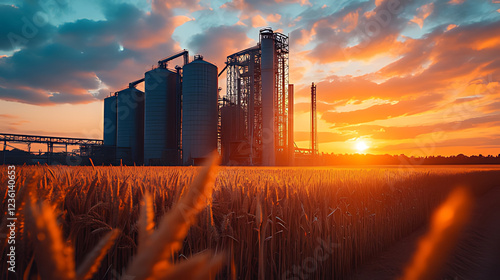 Sunset over grain silos and wheat field; industrial agriculture