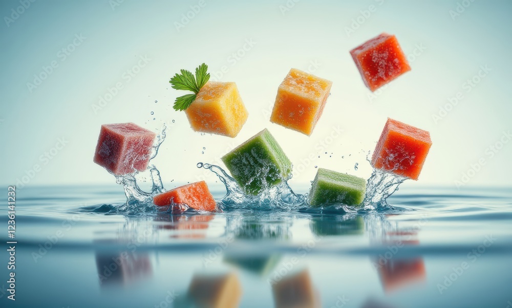 Colorful fruit cubes splashing in water Colorful fruit cubes splashing in water
