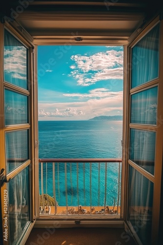 Peeking out a hotel room window, you have an unobstructed view of the ocean and sea. photo