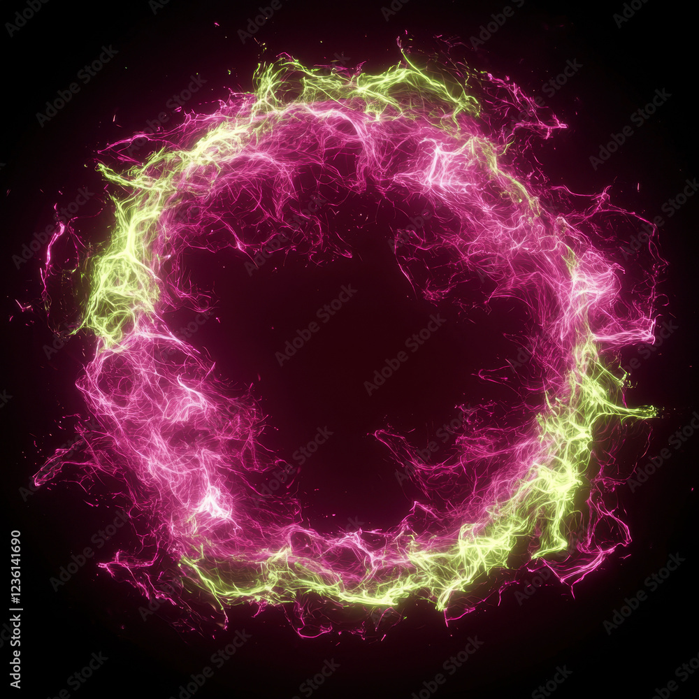 Vibrant energy ring with neon pink and green plasma on a dark background