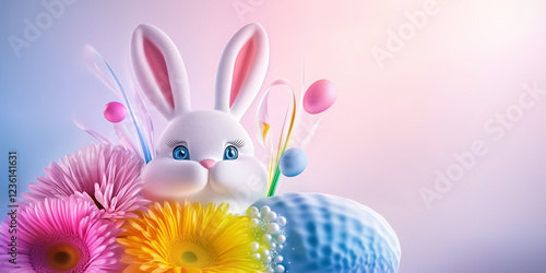 The Easter bunny gazes amidst a colorful display of flowers and decorative elements. This modern interpretation captivates with its artistic use of geometric shapes and vibrant hues