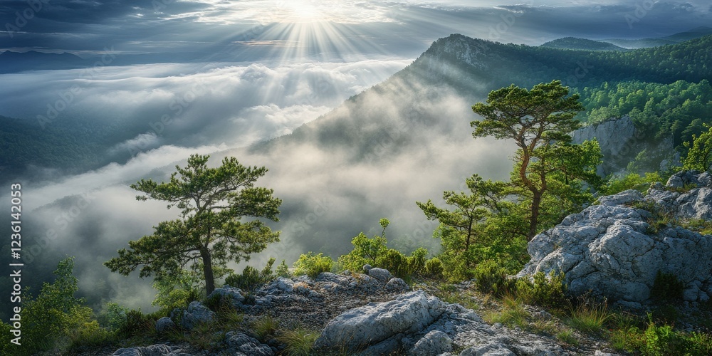 Obraz premium Sunlight breaks through clouds over mountainous terrain