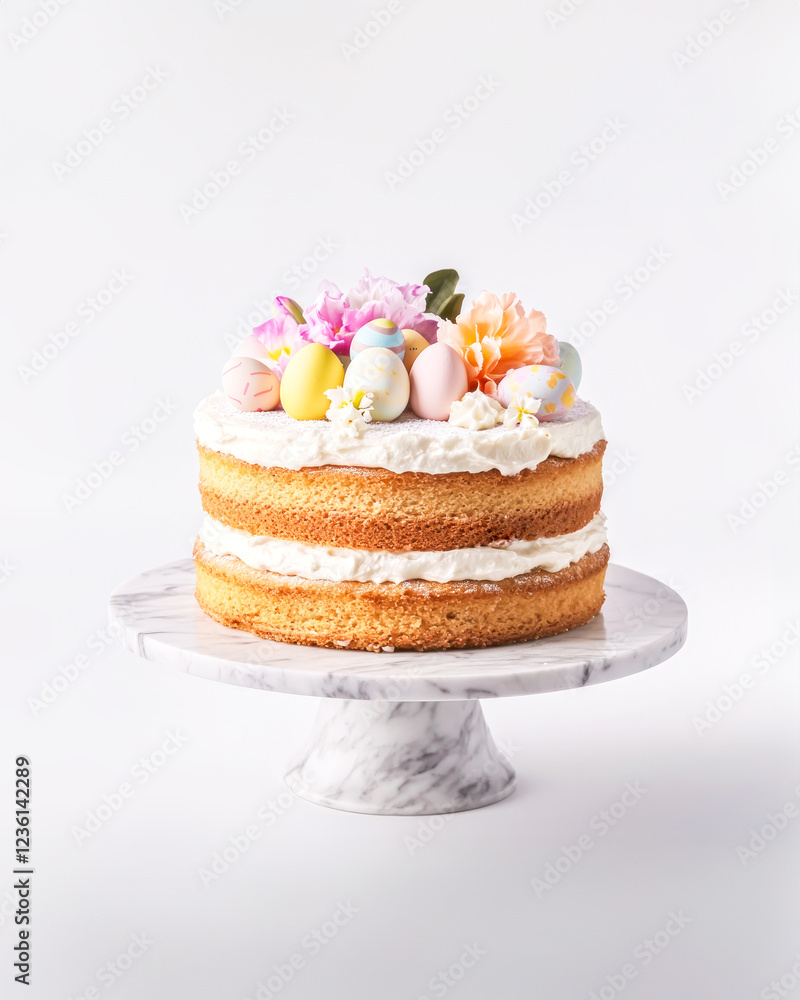 Handmade Easter cake with cream layers, pastel eggs, and fresh flowers on marble stand. Concept of festive Ester baking, spring celebrations, and seasonal desserts. Perfect for holiday Easter tables Handmade Easter cake with cream layers, pastel eggs, and fresh flowers on marble stand. Concept of festive Ester baking, spring celebrations, and seasonal desserts. Perfect for holiday Easter tables