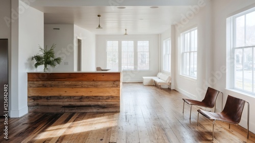 Wallpaper Mural Bright Minimalist Interior Design with Reclaimed Wood Reception Desk and Hardwood Floors Torontodigital.ca
