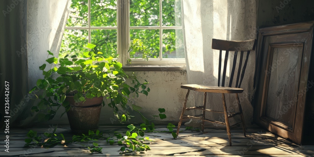 Sunlit room, old chair, potted plant, window view, rustic interior, peaceful mood. Sunlit room, old chair, potted plant, window view, rustic interior, peaceful mood.