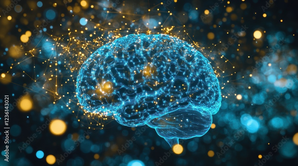 Brain with glowing neural network connections and dynamic particles representing cognitive processes, neuroscience research and artificial intelligence development. Brain with glowing neural network connections and dynamic particles representing cognitive processes, neuroscience research and artificial intelligence development.