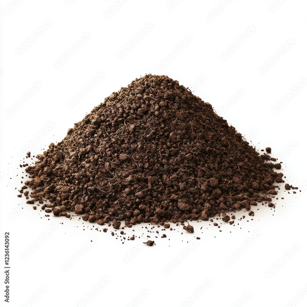 Pile of dark brown soil with tiny roots and organic textures, placed on a bright white background Pile of dark brown soil with tiny roots and organic textures, placed on a bright white background