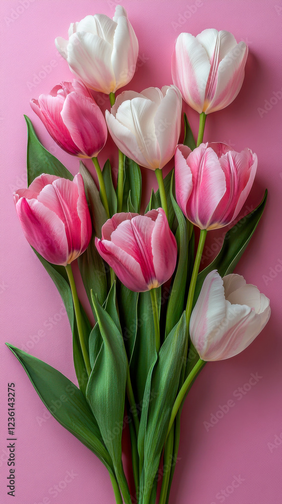 Artistic composition of pink and white tulips on a pink backdrop for woman’s day promotions Artistic composition of pink and white tulips on a pink backdrop for woman’s day promotions