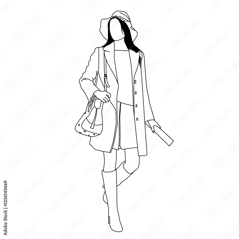 Stylish Line Art of Woman in Outerwear Holding Bag and Clutch. Stylish Line Art of Woman in Outerwear Holding Bag and Clutch.