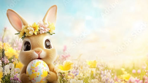 Easter bunny with big expressive eyes holds a colorful decorated egg amidst a vibrant field of pastel flowers under a bright sky. The joyful atmosphere captures the essence of spring
