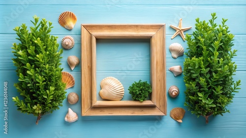 Seashells and greenery arranged around a wooden picture frame on a light blue wood background. photo