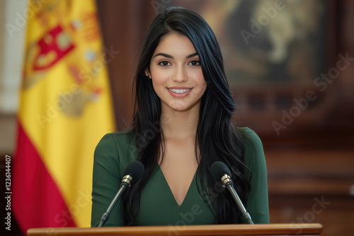 Confident woman giving a speech at podium, standing before a Spanish flag, conveying professionalism and public speaking skills through her poised smile and attentive demeanor