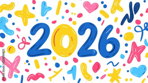 Colorful Vector Illustration of 2026 with Flat Design Elements in a Playful Style for Vibrant Celebration Themes
