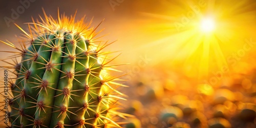 A close-up of a prickly cactus bathed in the warm glow of a setting sun, its sharp spines casting long shadows against the golden backdrop. photo