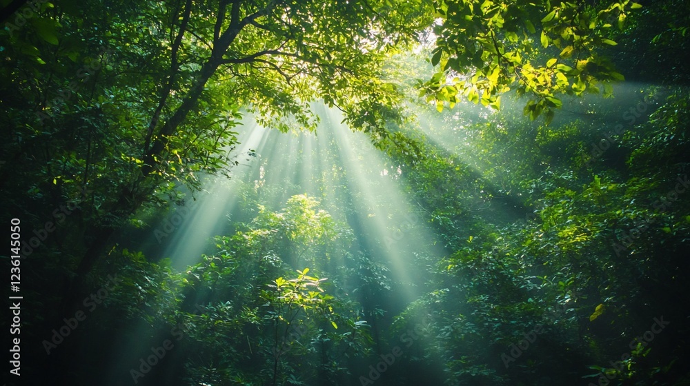 Fototapeta premium Sunlight Streaming Through Lush Green Forest Canopy Creating a Mystical Atmosphere