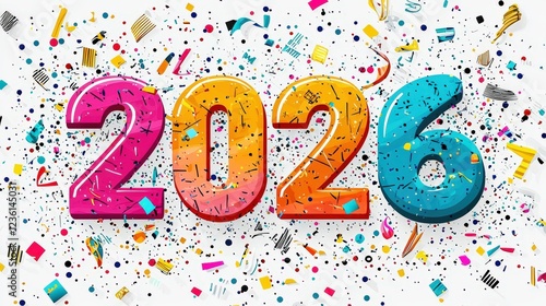 Bright and Colorful 2026 Illustration with Festive Elements in Flat Design Style for Celebrations and Events