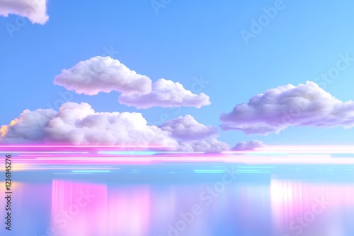 Pastel sky, clouds reflection, neon light, serene landscape, dreamy background