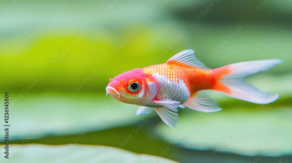 Orange Koi fish swimming in pond, lily pads background, aquatic pet Orange Koi fish swimming in pond, lily pads background, aquatic pet