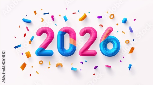 Vibrant Vector Illustration of Colorful 2026 Design with Flat Style Elements and Confetti for Celebratory Themes