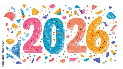 Colorful Flat Design Illustration of 2026 with Decorative Elements and Vibrant Patterns in Light Background