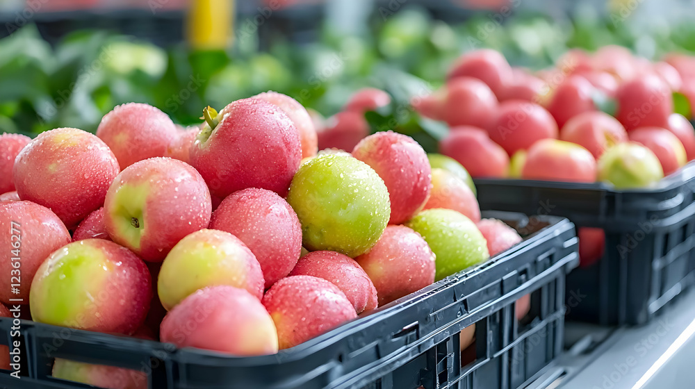 Fresh apples in crates, harvest processing, orchard background Fresh apples in crates, harvest processing, orchard background